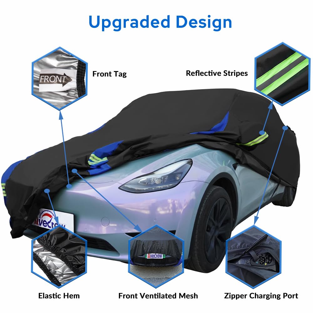 Avecrew Car Cover For Tesla Model Y, Custom Fit Full Exterior Cover With Charging Port And Breathable Ventilation Mesh, Waterpro