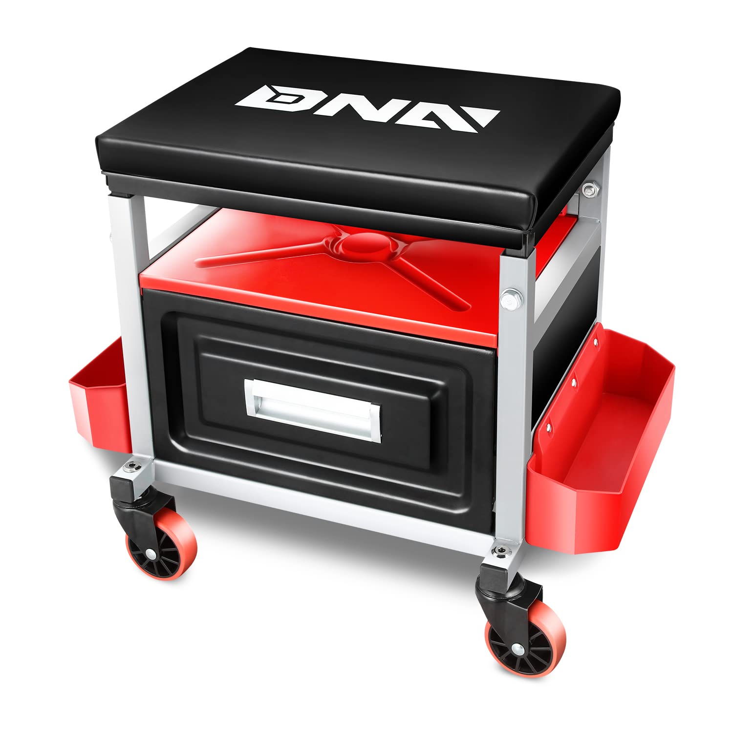 Dna Motoring Tools-00198 Adjustable Height Mechanics Roller Seat Creeper Stool With Padded Cushion, Tool Storage Drawer & Tray,