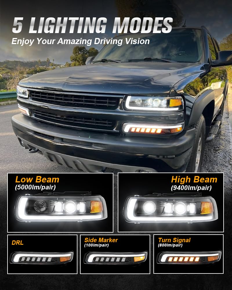Ramjet4X4 Led Headlights Assembly Headlamps Replacement Compatible With 1999-2002 Chevy Silverado 2000-2006 Chevrolet Suburban T