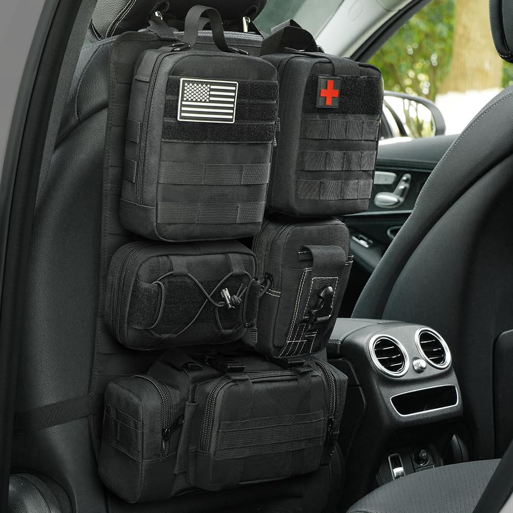 Banklif Universal Tactical Vehicle Seat Back Organizer Panel With 5 Detachable Molle Pouches - Medical, Phone, Storage Pouch, Su