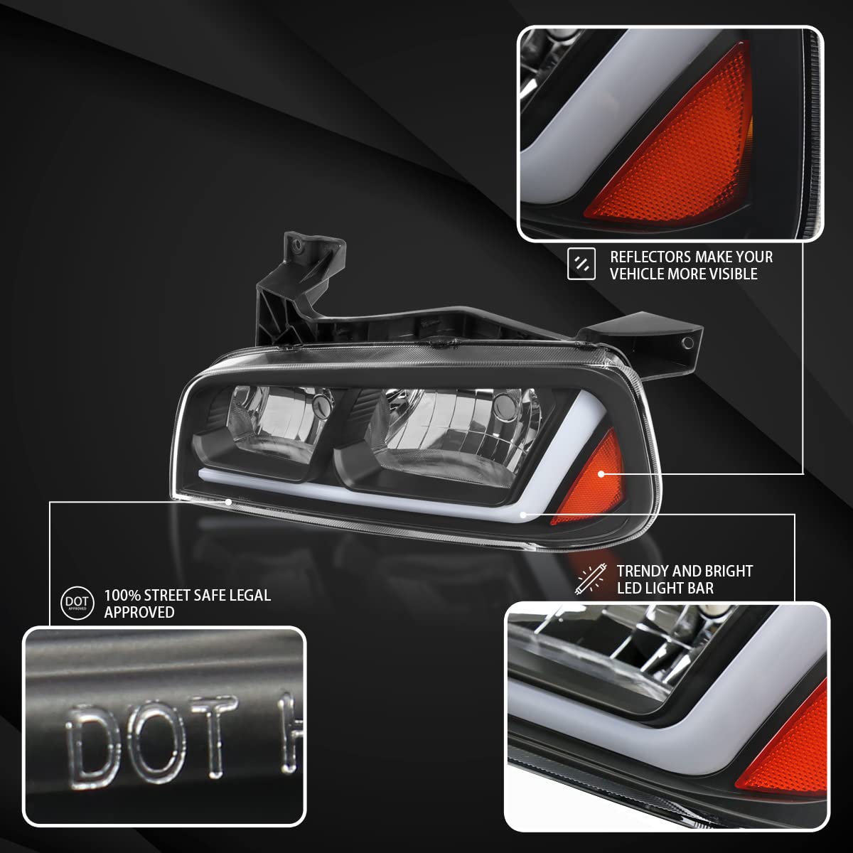 Autozensation Compatible With 2006-2010 Dodge Charger 4Dr Sedan, Left + Right Pair Headlamp Assembly, Black Headlights W/Fiber Optic Led Strip And Turn Signal Light