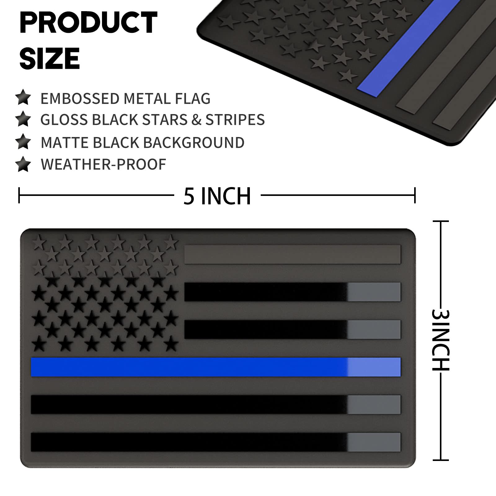 Embossed 3D Metal Thin Blue Line All Black American Flag Emblem Decal Stickers (2 Pairs), Matte Black 5' X 3' Patriotic Usa Us Flag Decals For Car, Truck, Motorcycle Honoring Police Law Enforcement