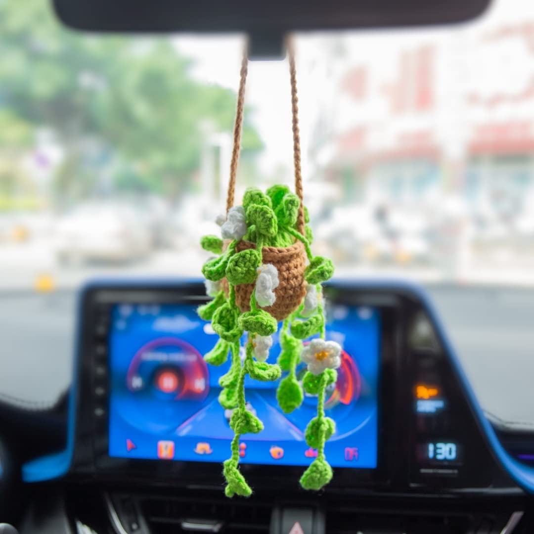 Car Mirror Hanging Accessories , Car Rearview Mirror Decor,Cute Crochet Orchid Hanging Ornament for Women, Pendant Plant for Gif