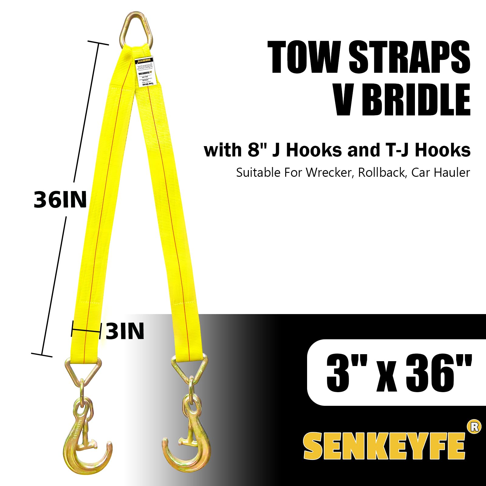 SENKEYFE Tow Straps V Bridle, 3'' x 36'' Recovery V-Strap with 8'' J Hooks and T-J Hooks, 5400LBS J Hook and Mini Datsun Recover