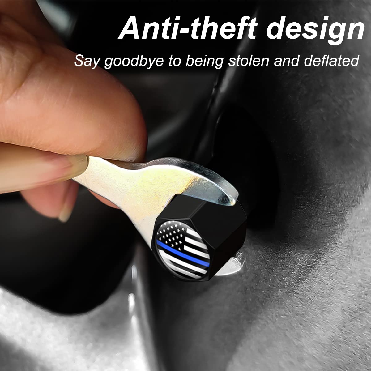 4Pcs American Flag Tire Valve Stem Caps For Car, Auto Anti-Rust Airtight Rubber Valve Stem Covers, Leakproof Wheel And Tire Exterior Accessories Universal For Car, Bikes,Vehicles (Black/Blue)