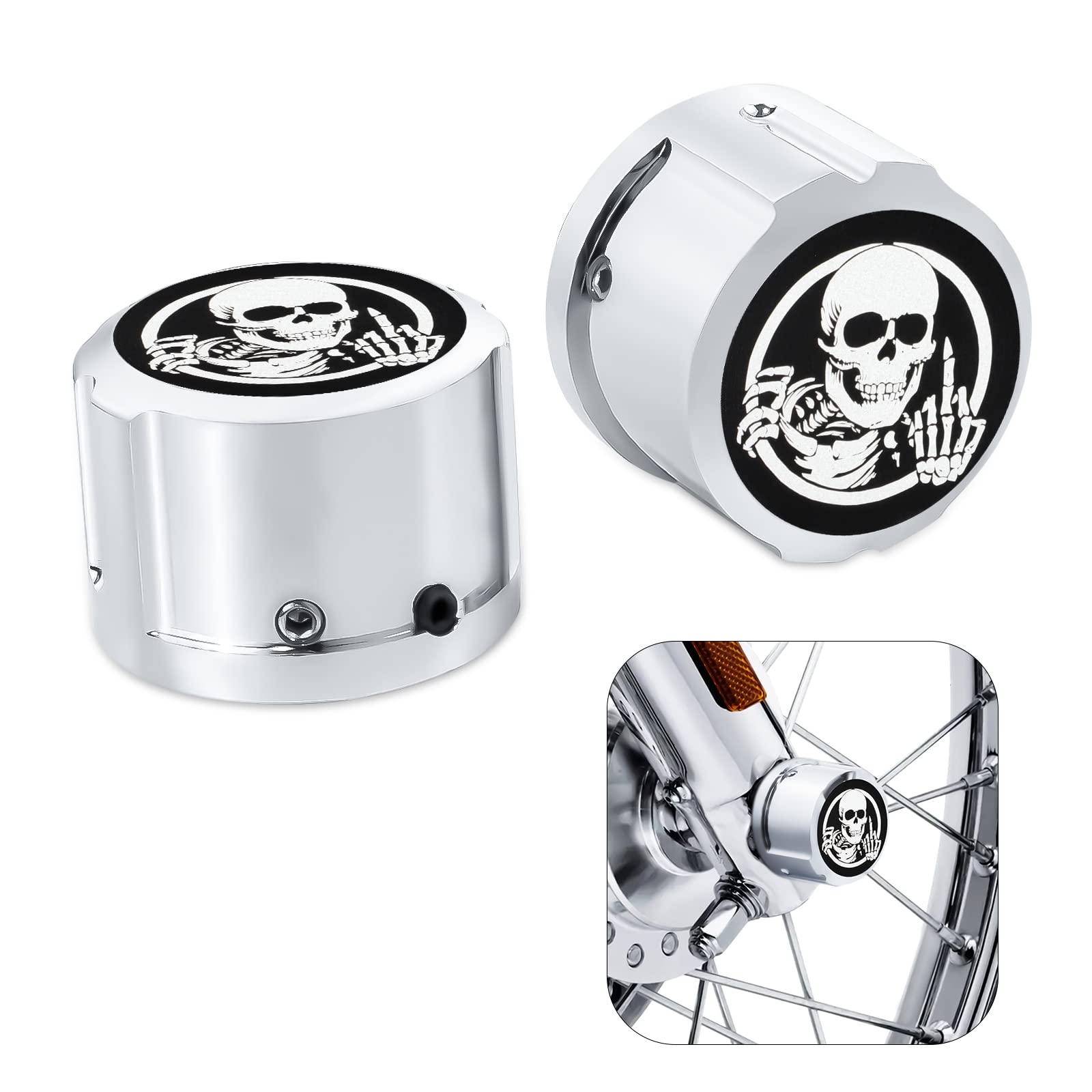 Guaimi Front Axle Nut Covers Caps Compatible With Herley Softail Sportster Dyna Touring Road King Electra Street Glide 2008-2021 - (Skeleton Middle Finger-Chrome)