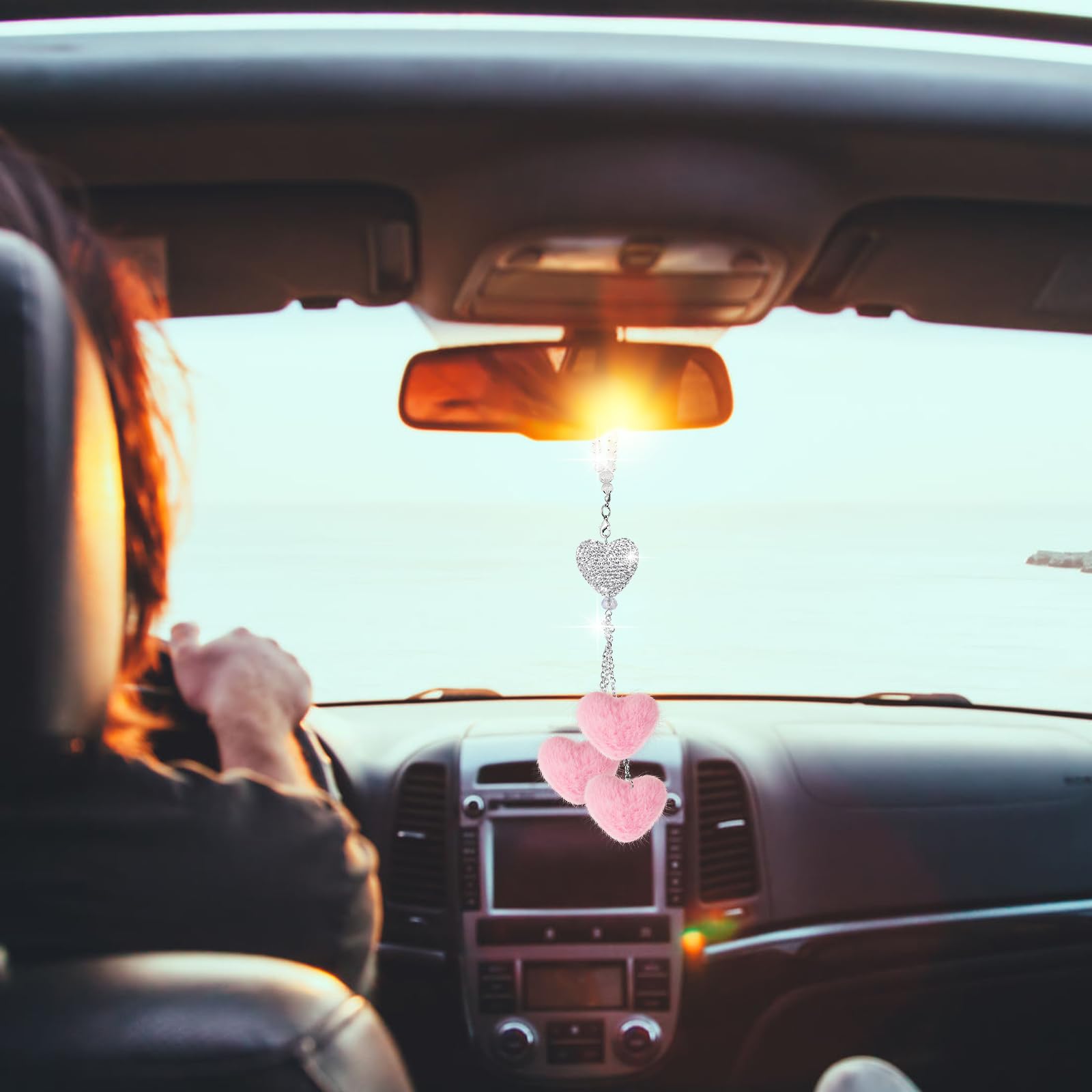 Frienda Bling Diamond Heart Car Rear View Mirror Accessories For Women Valentine Car Accessories Crystal Mirror Hanging Charms D