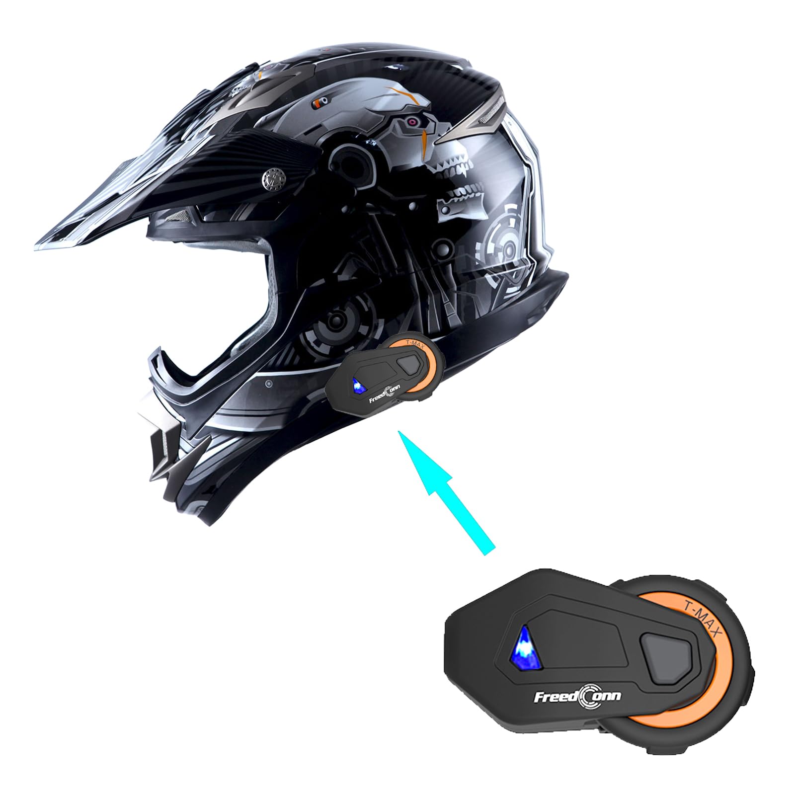 1Storm Adult Motocross Helmet Off Road Mx Bmx Atv Dirt Bike Mechanic + Motorcycle Bluetooth Headset: Skull Black