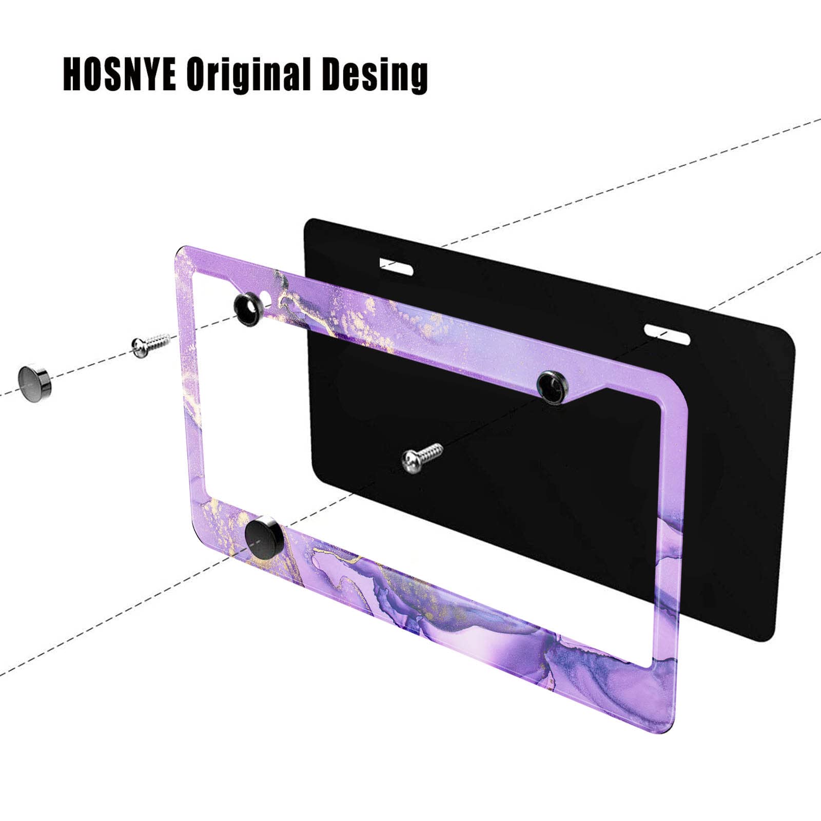 Hosnye Purple License Plate Frame Shiny Golden Alcohol Ink Abstract Metal License Plate Cover Front Plates Frames Car Tag Frame