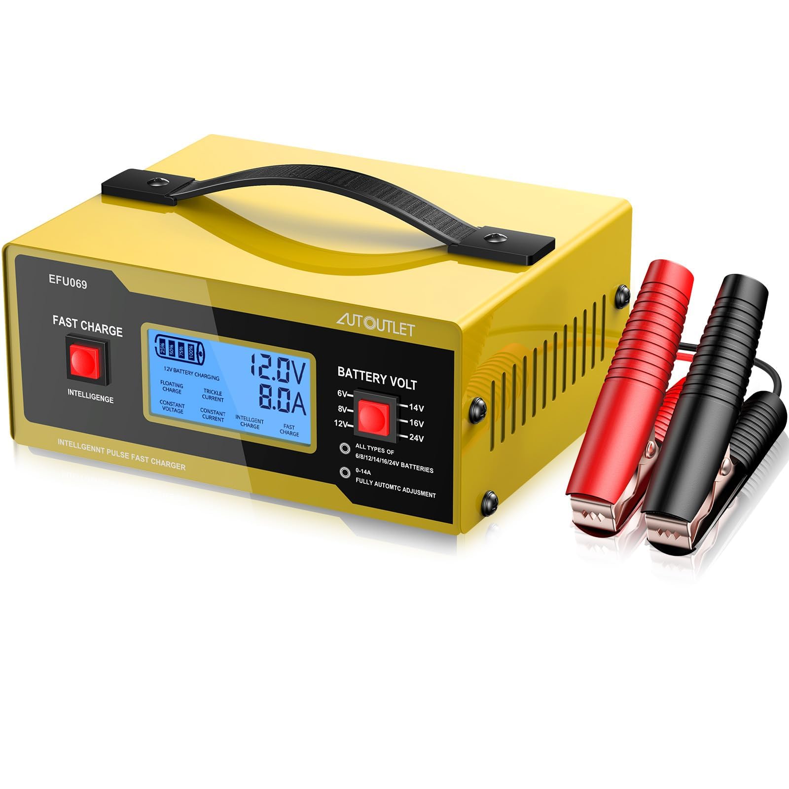 AUTOUTLET 0-10A Smart Car Battery Charger & Trickle Maintainer, Fully Automatic, 6/8/12/14/24V, Yellow, 23.5*14
