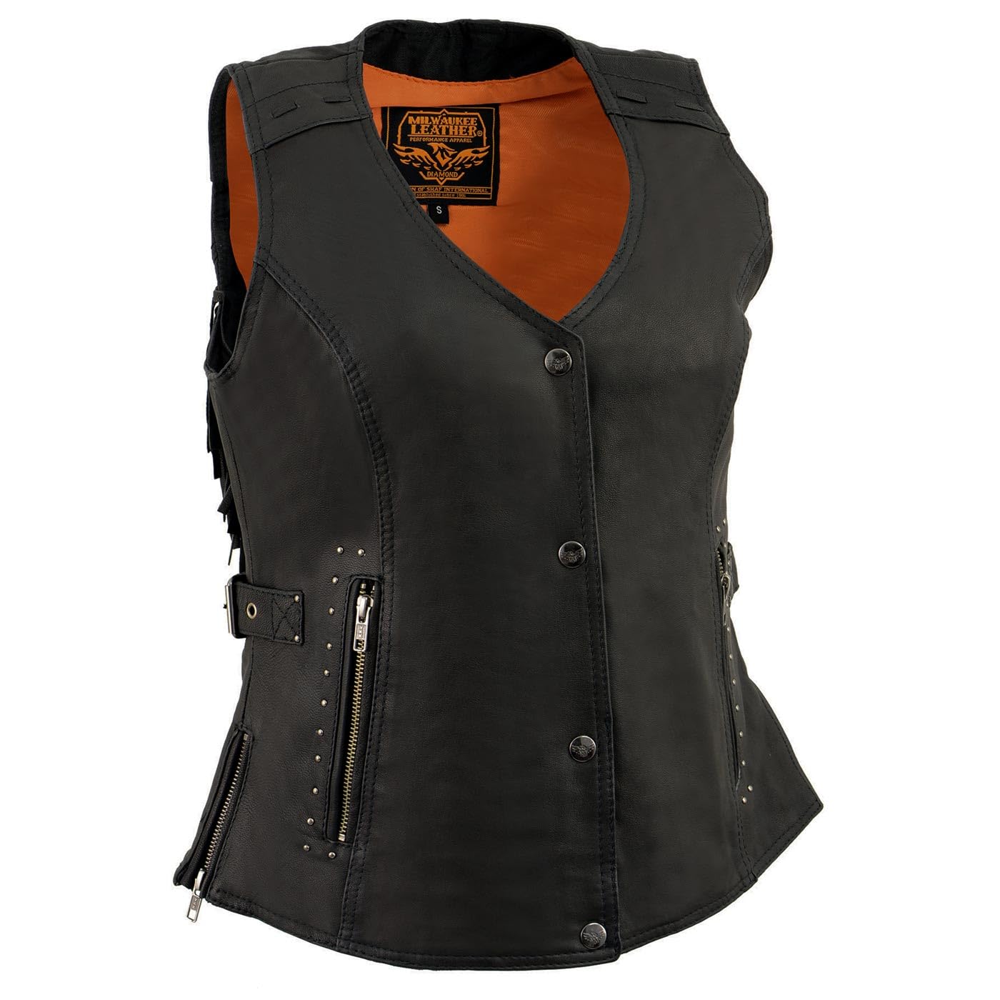 Milwaukee Leather MLL4565 Women's Black Fringed Leather Rivet Detail Side Buckle and Zipper Motorcycle Rider Vest - Medium