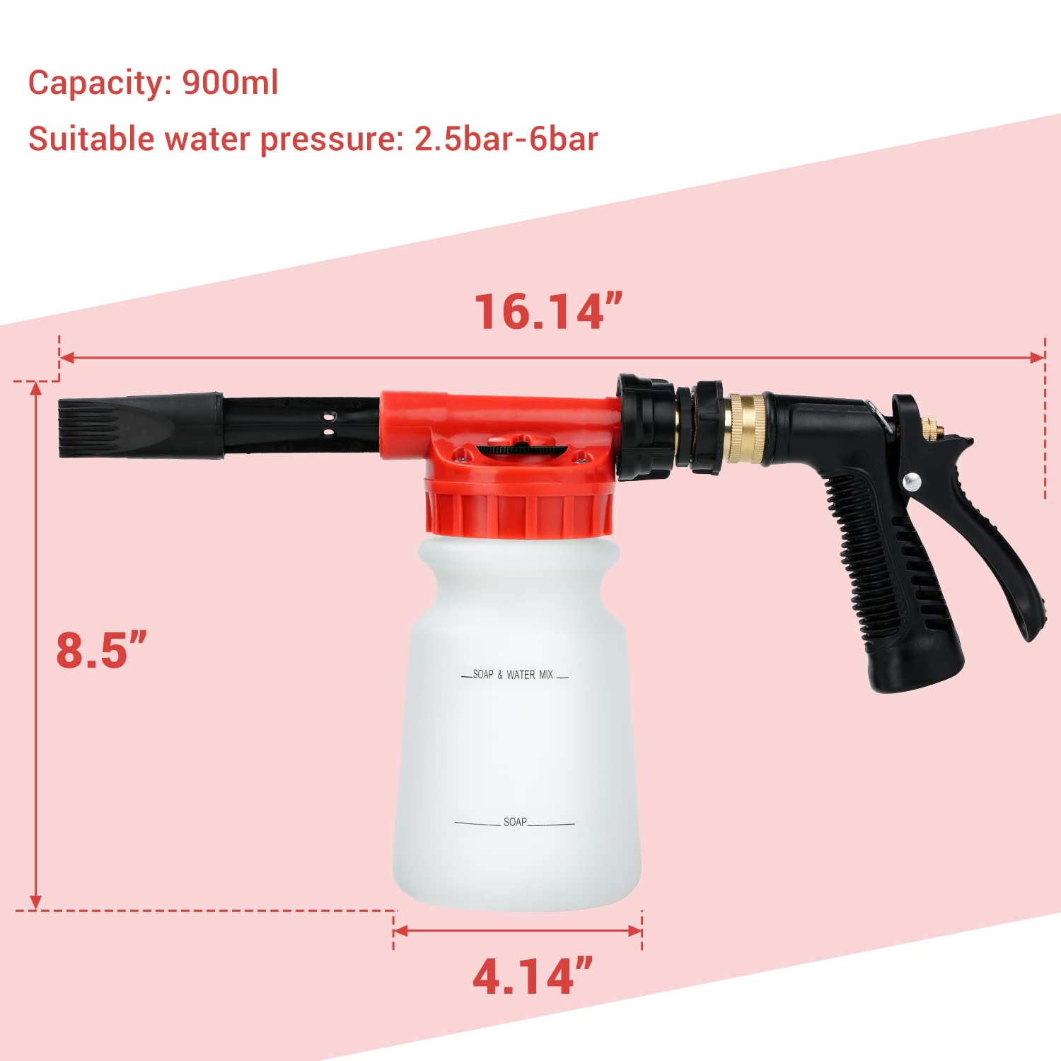 Ohuhu Car Wash Foam Gun With 3/8'' Connector & Mitts, Dual Filtration, 6 Foam Levels, Quick Connect To Garden Hose (Red)