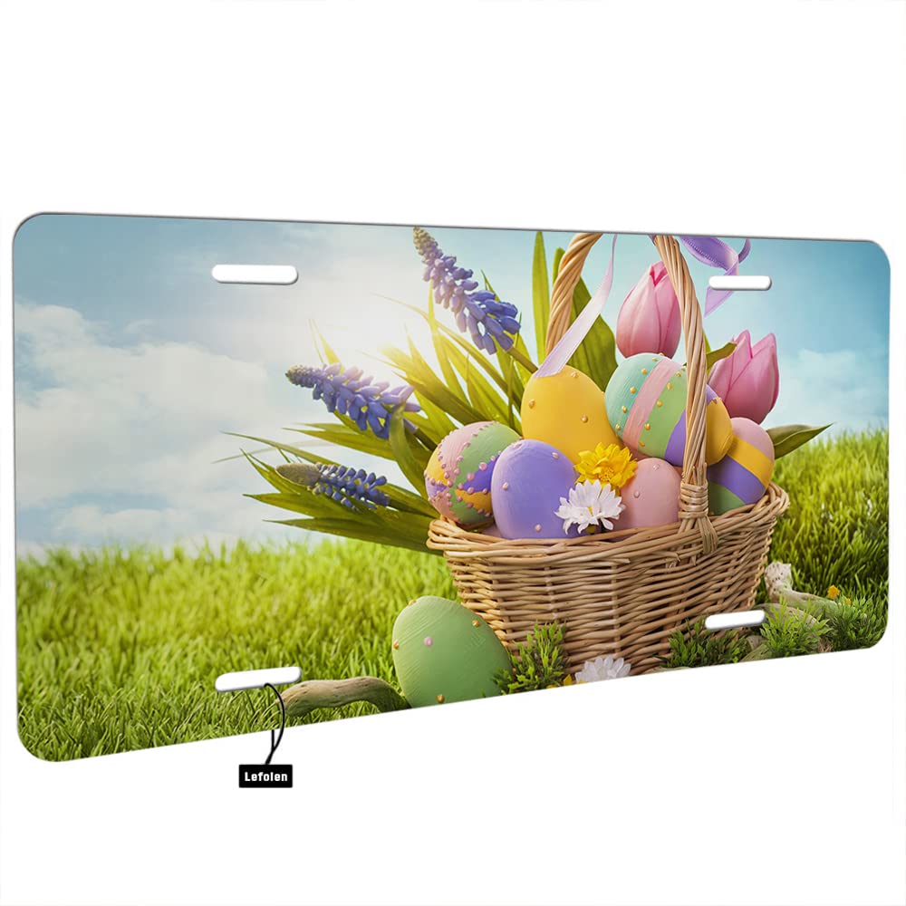 Lefolen Easter Eggs Front License Plate Aluminum Novelty Basket With Easter Eggs Green Grass Metal Vanity Tags 6'' X 12'' For Me
