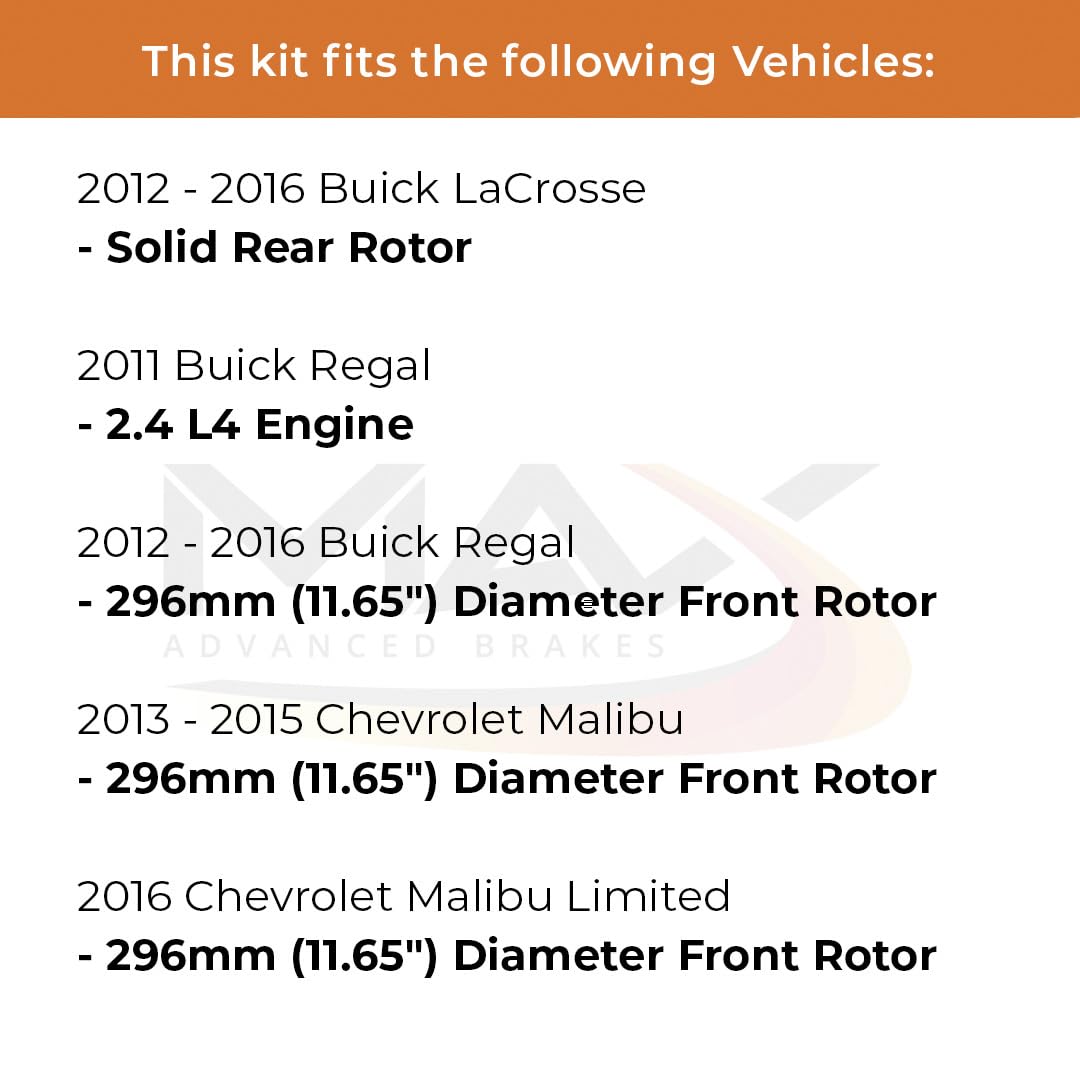 Max Advanced Brakes Front & Rear Brake Kit for 2013-2015 Chevy Malibu, Buick LaCrosse, Regal - Premium OE Carbon Ceramic Pads, 11.65 Rotors