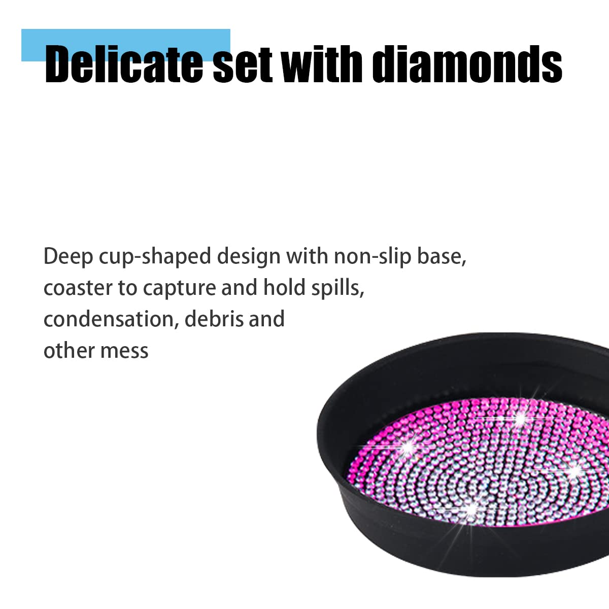 Zipelo Bling Car Cup Coaster, 2 Pack Universal Vehicle Anti-Slip Cup Holder Insert Coasters, Crystal Rhinestone Silicone Shockpr