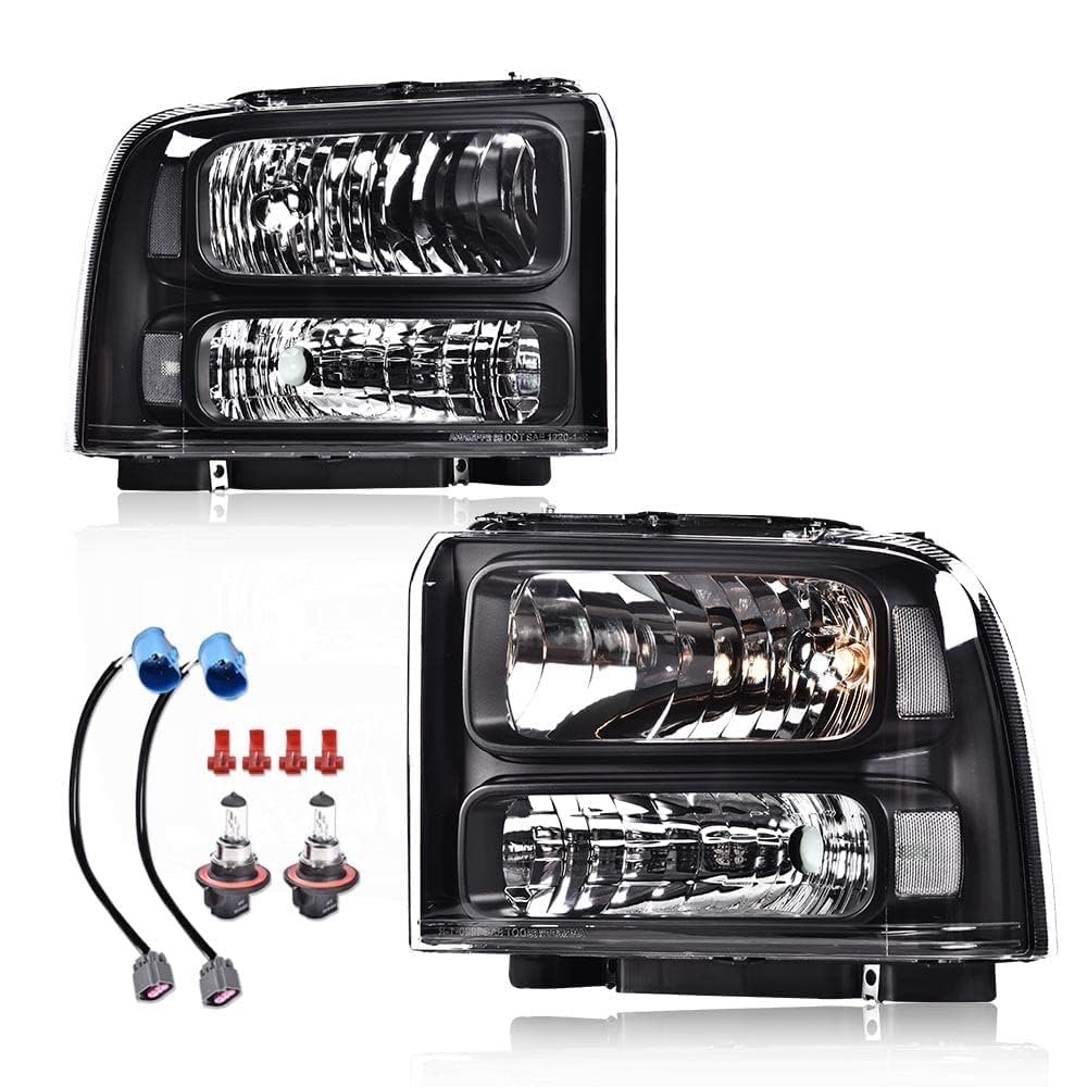 G-Plus Headlights Assembly Compatible With 99-04 Ford F250 F350 F450 F550 Super Duty/00-04 Excursion Headlamp,Clear Lens Black H