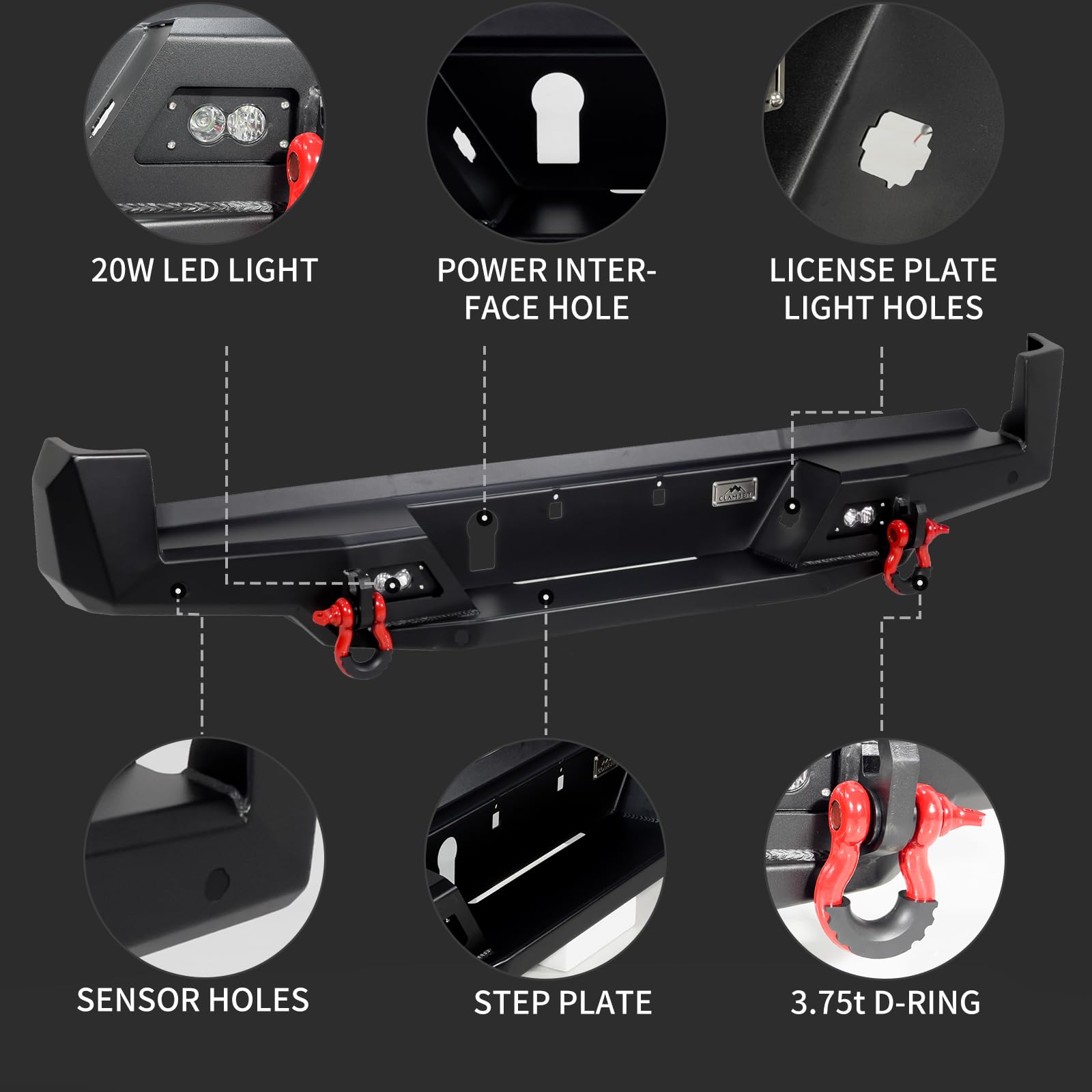 CLAMBER Off-Road Rear Bumper for Toyota Tacoma 3rd Gen 2016-2023 Textured Black Back Bumper Guard Heavy Duty Carbon Steel with L