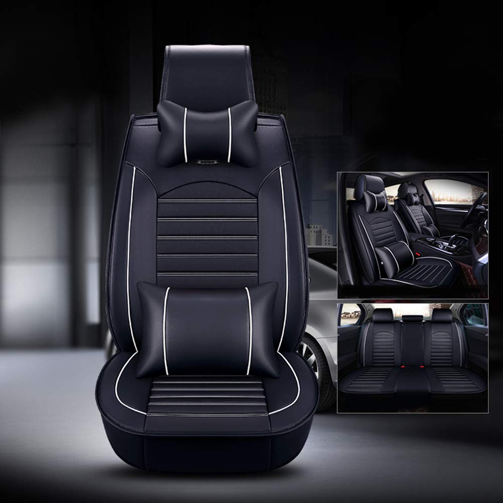 Otoez Seat Covers Full Set Faux Leather Car Seat Cover, 5 Seats Universal Waterproof Automotive Seat Protector Front And Back Seat Cushion Fit For Most Car Suv Seden (Black+White, With Pillows)