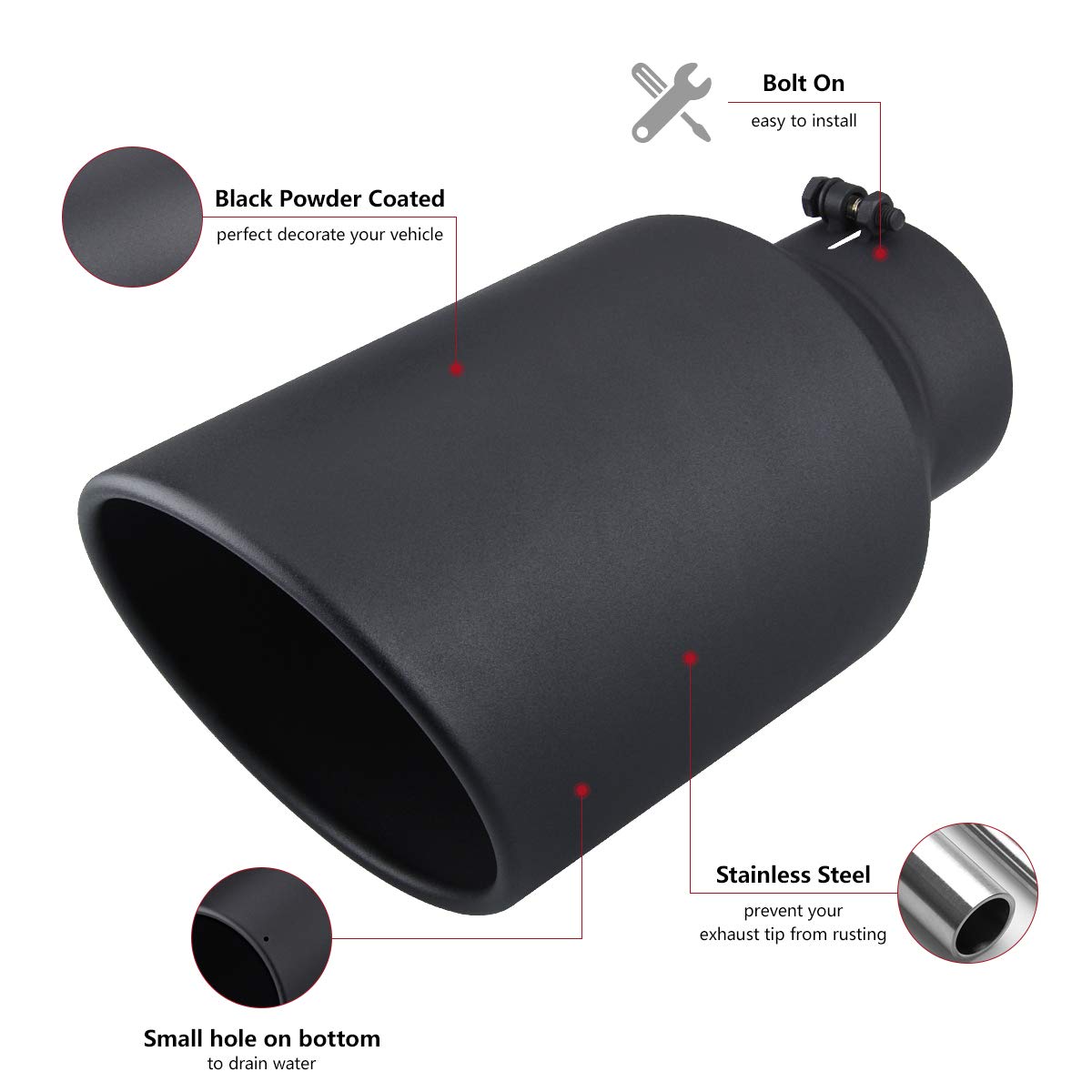 LCGP 5'' Inlet 8'' Outlet 15'' Long Rolled End Angle Cut Bolt On Exhaust Tip Tail Pipe. Black Powder Coated.