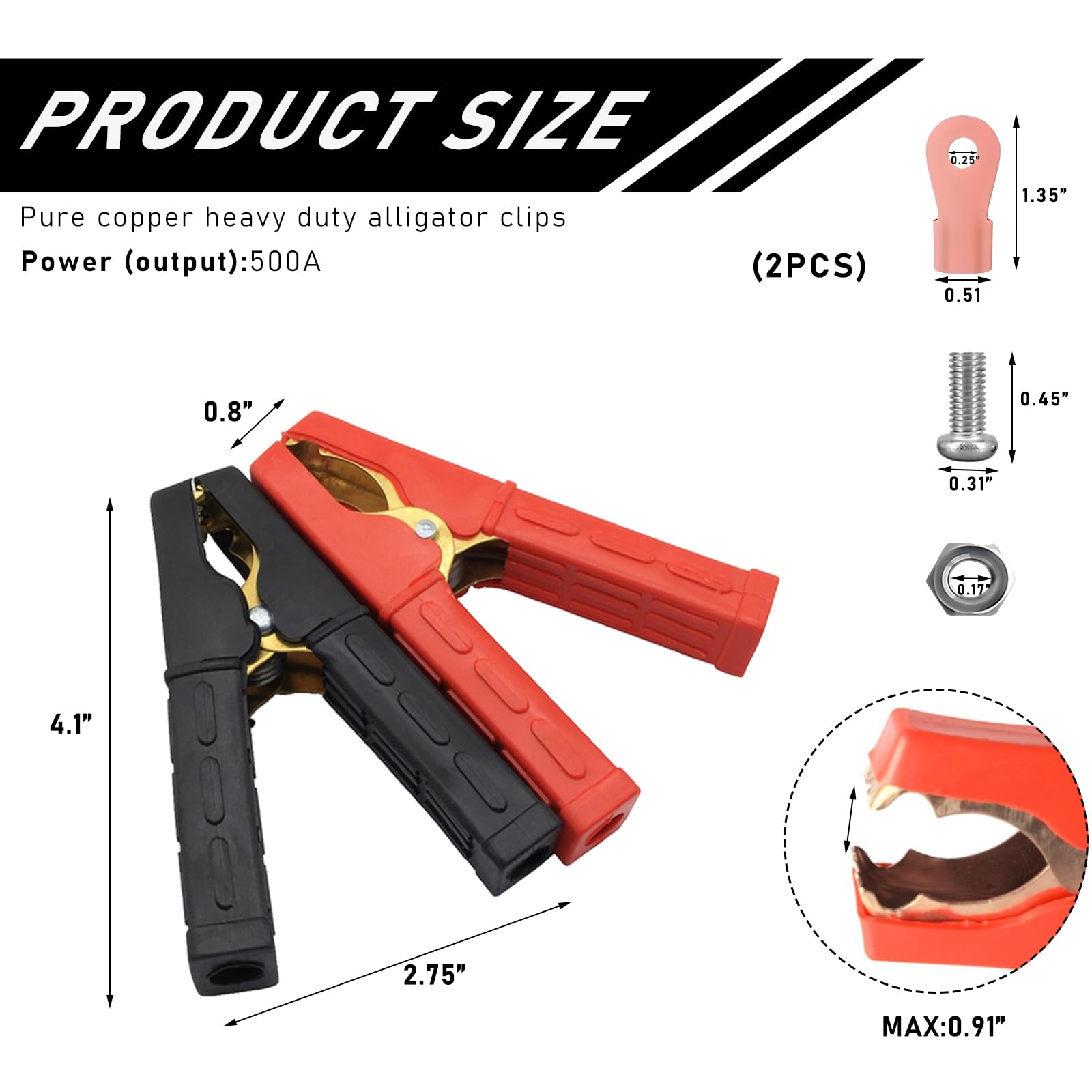 povtii 2 PCS Heavy Duty Insulated Alligator Clips, 500A Battery Jumper Cable Clamps, Crocodile Clamps Battery Charger Clips for