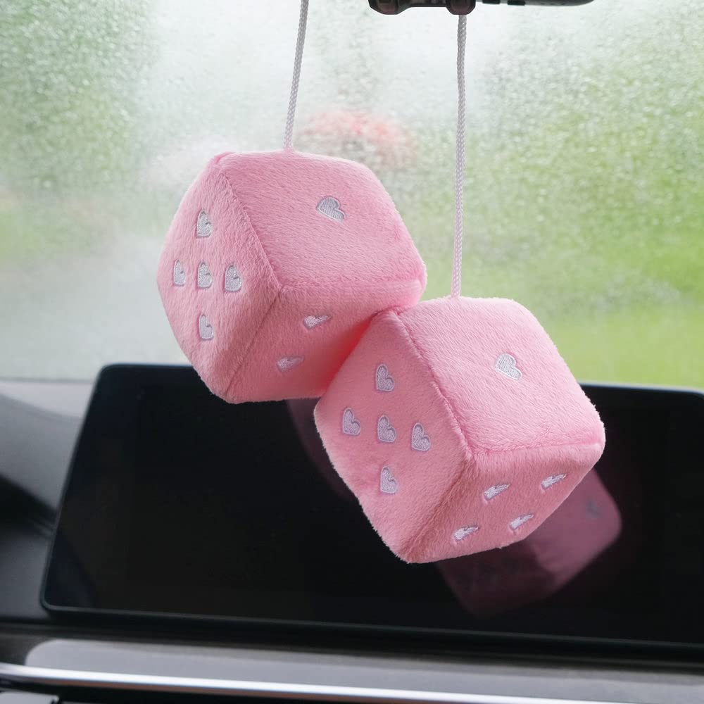 Pair 3    Pink Fuzzy Plush Dice Heart Shape Decor for Car Rearview Mirror, Retro Square Decoration Dice for Car Hanging Accessor
