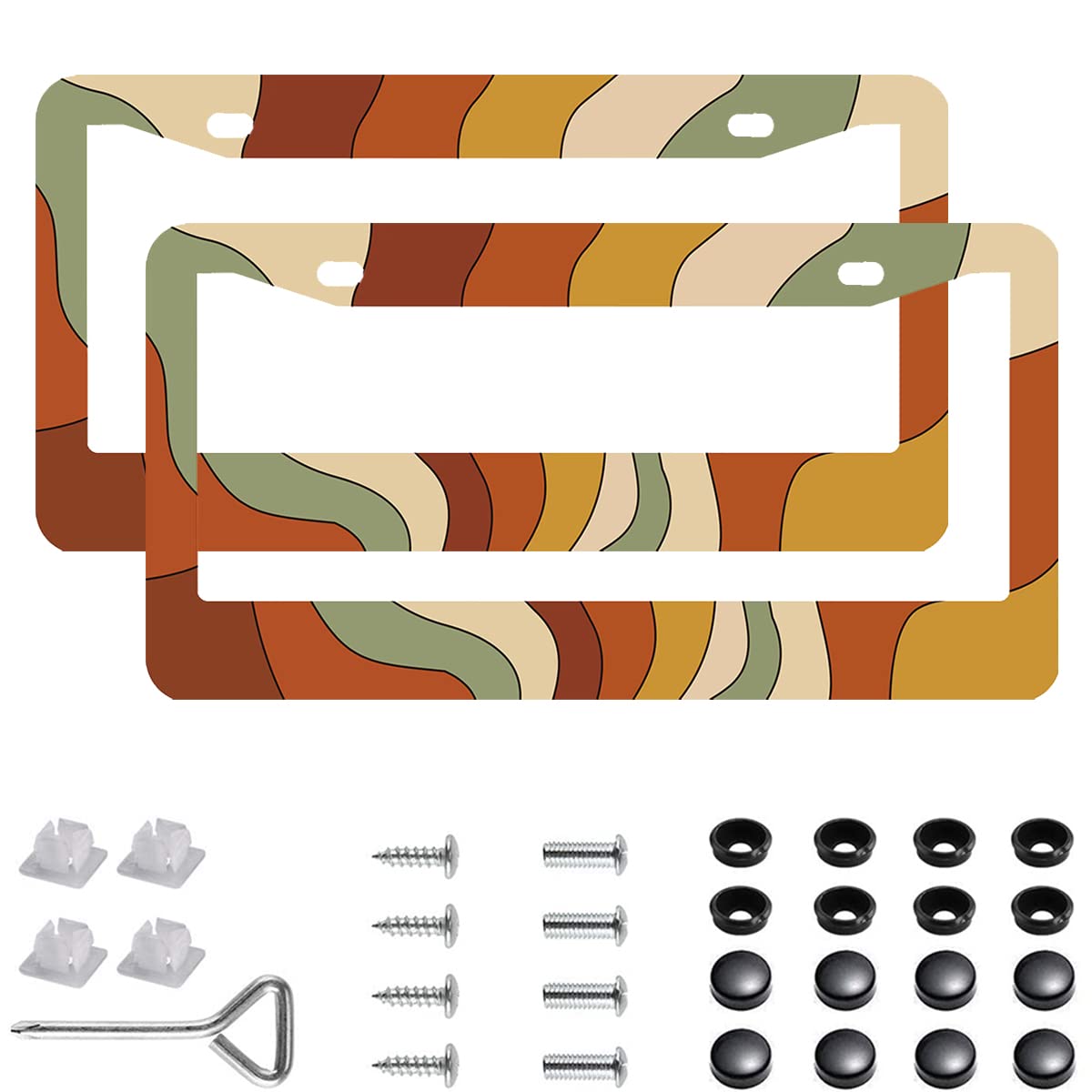 2-Pack Stainless Steel Sun Rays Bending License Plate Frames With Screw Caps And Screwdriver Set - 2-Hole Installation