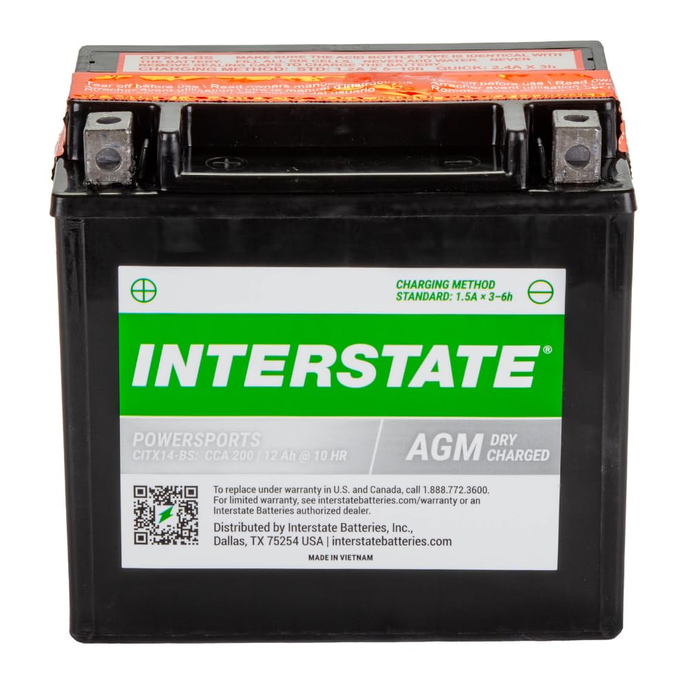 Interstate Batteries Ytx14-Bs 12V 12Ah Powersports Battery 200Cca Agm Rechargeable Replacement For Motorcycles, Atvs, Utvs, Scoo