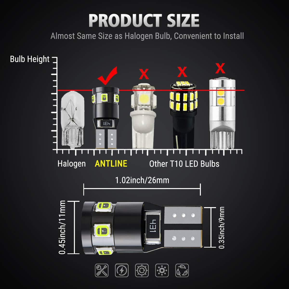 Antline 194 168 2825 W5W T10 Led Bulbs Ice Blue, Ultra Bright Error Free 9-Smd 2835 Chipsets 6000K Replacement For Car Interior Dome Map Door Courtesy License Plate Lights (Pack Of 10)