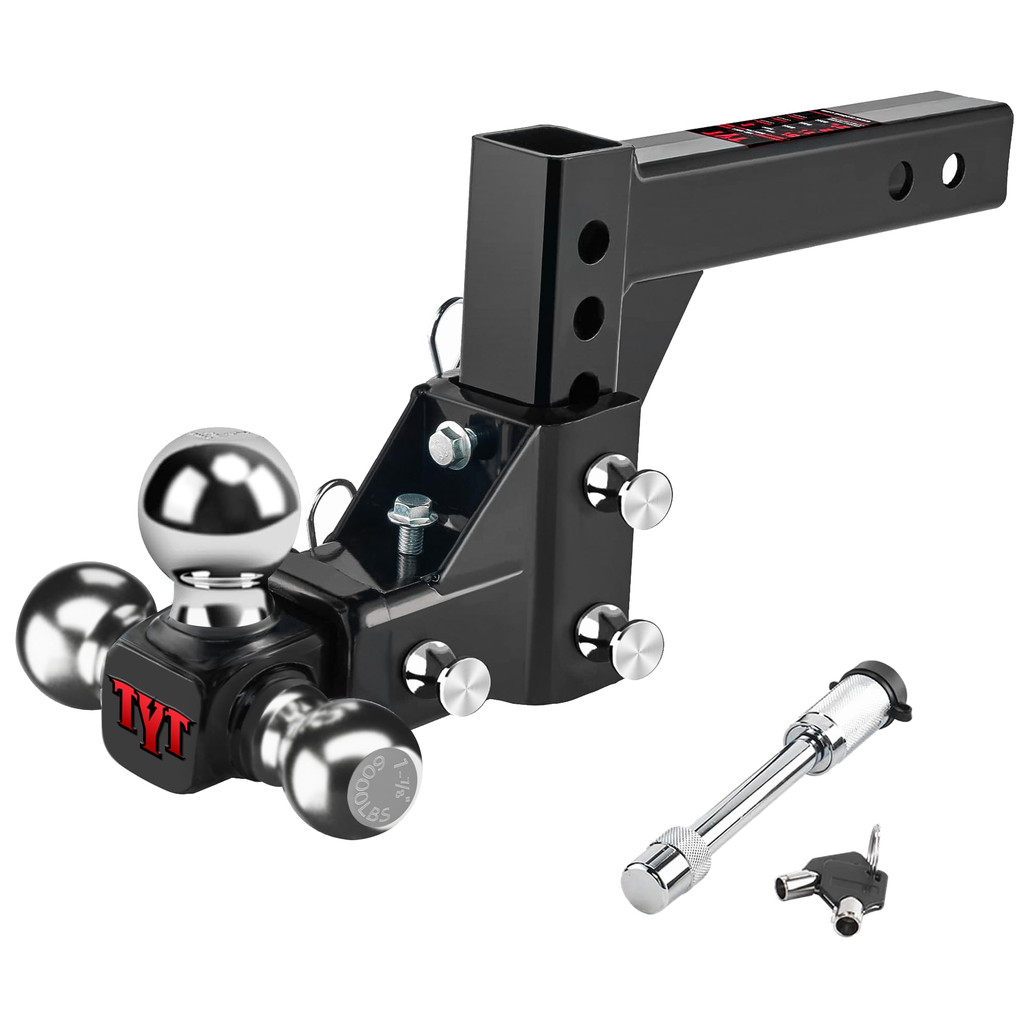 TYT Adjustable Trailer Hitch Ball Mount, Tri-Ball (1-7/8 ' ' X 2 ' ' X 2-5/16 ' '), Fits 2 ' ' Receiver, 5 ' ' Rise/Drop Hitch, 