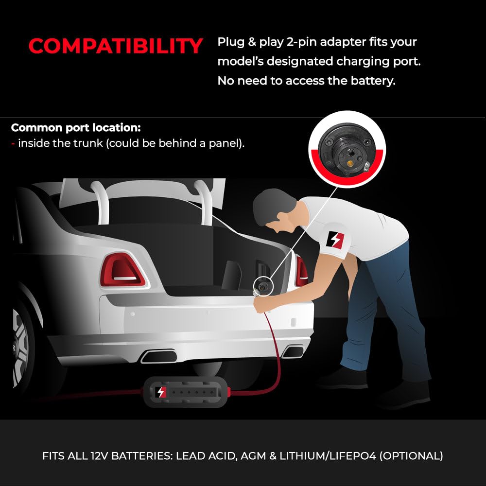 Jmr Battery Charger For Rolls-Royce Ghost Phantom Trickle Charger Conditioner Maintainer (2-Pin Port, Add Lithium Mode)