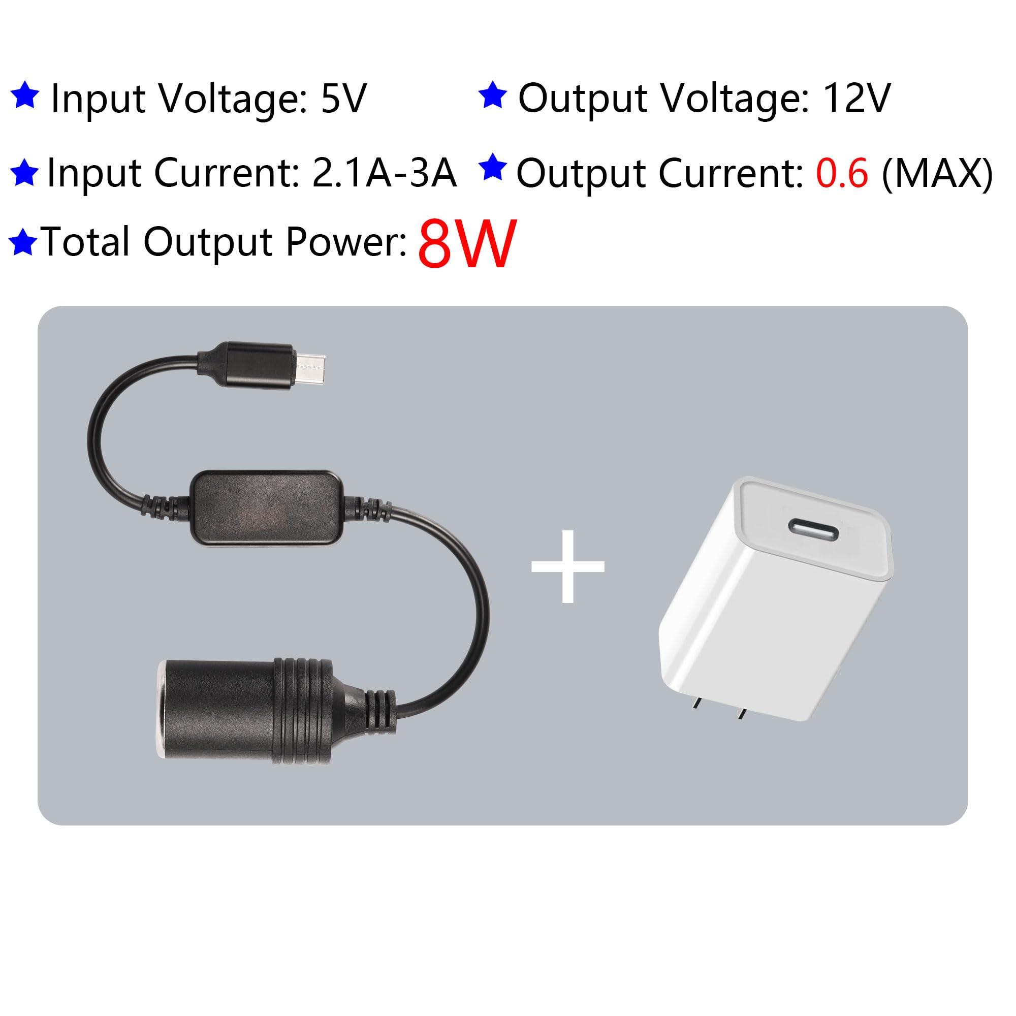 Cerrxian 1Ft Usb C Male To 12V 8W Cigarette Lighter Socket Adapter Power Cable For Dash Cam, Gps, Car Led Light Strips - 2Pcs
