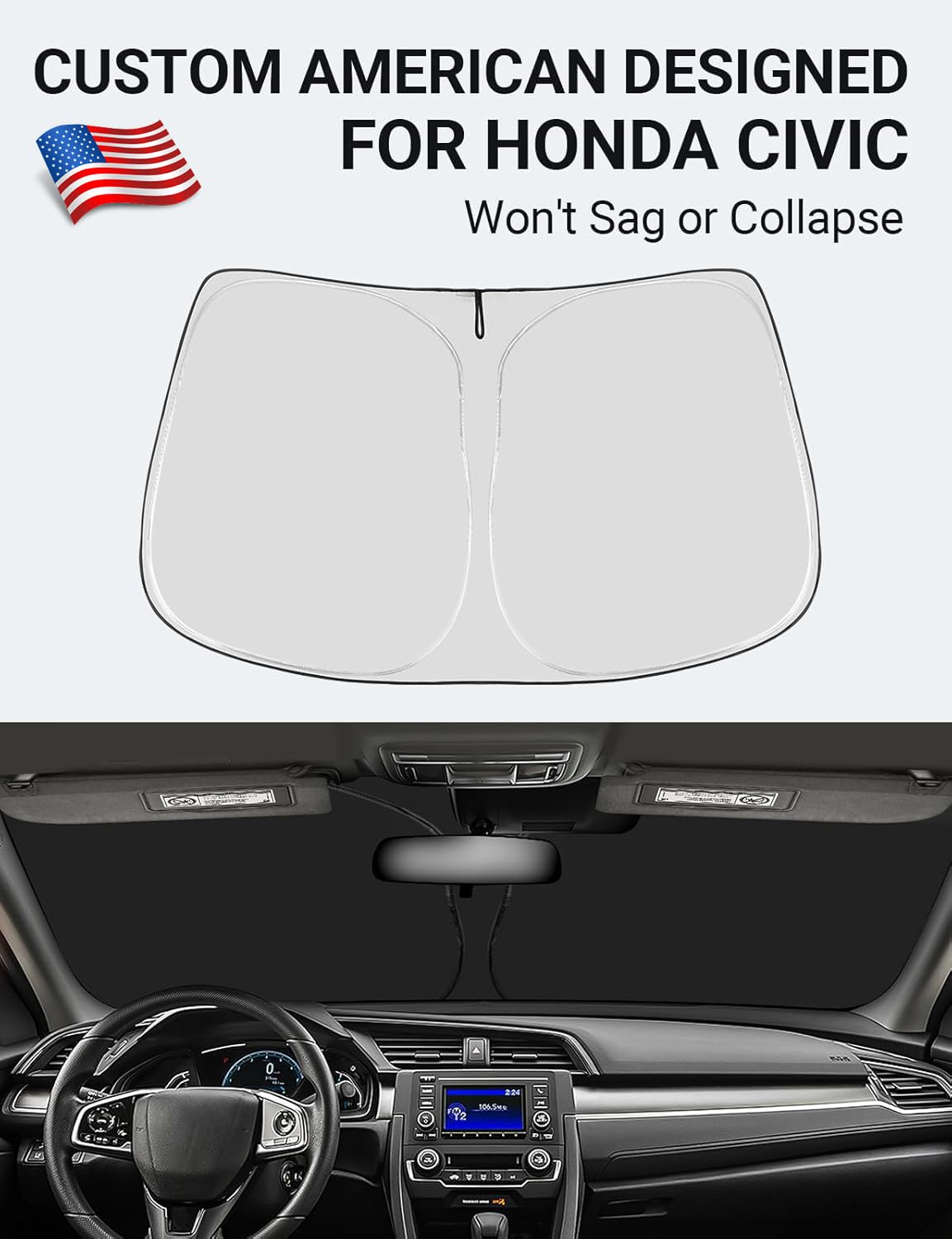 Proadsy 2025 Upgrade Windshield Sun Shade Custom Fit Honda Civic 2016-2021 4-Layer Foldable Front Sunshade Protector Sun Visor B