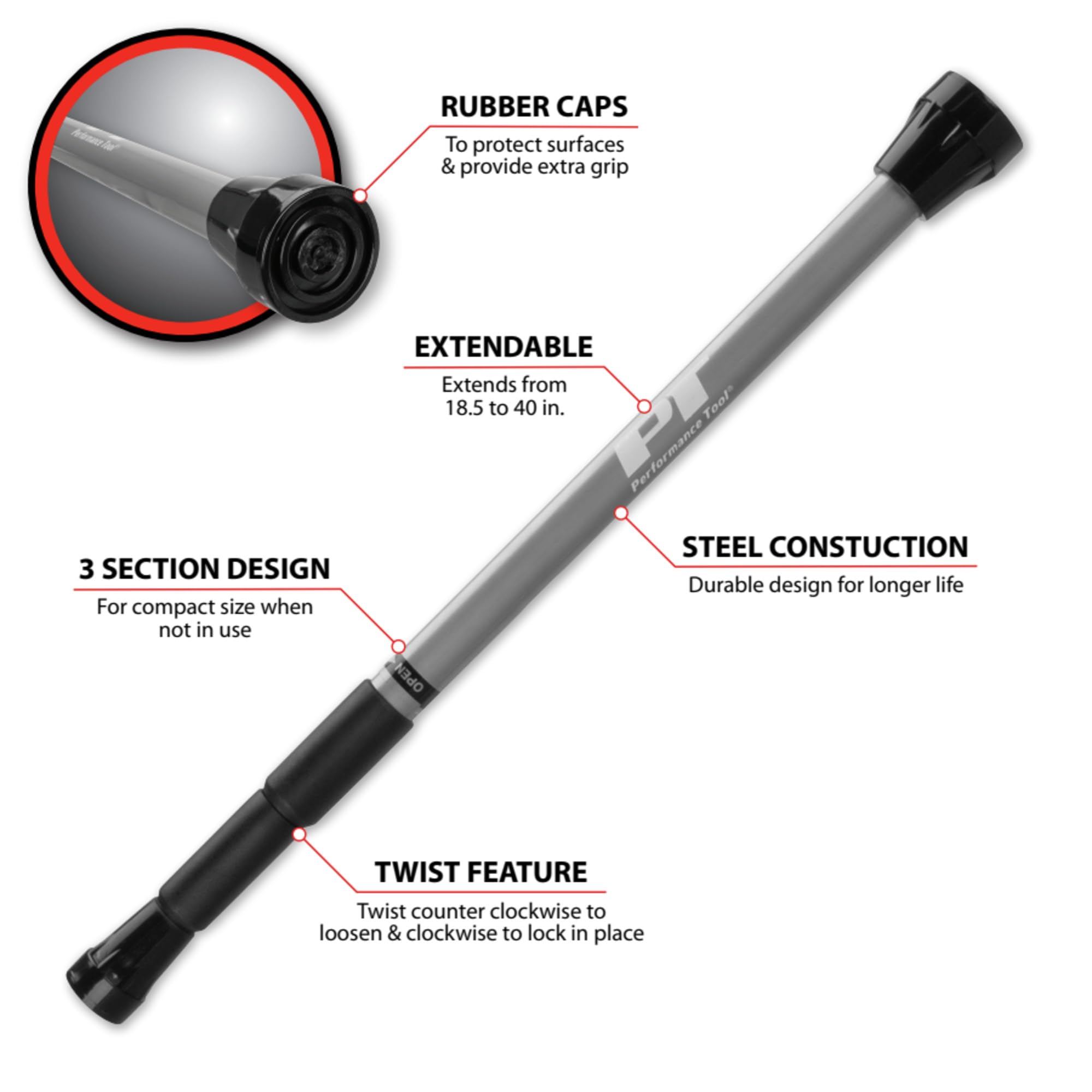 Performance Tool W1475 Telescoping Hood Prop Rod (18.5-Inch To 40-Inch)