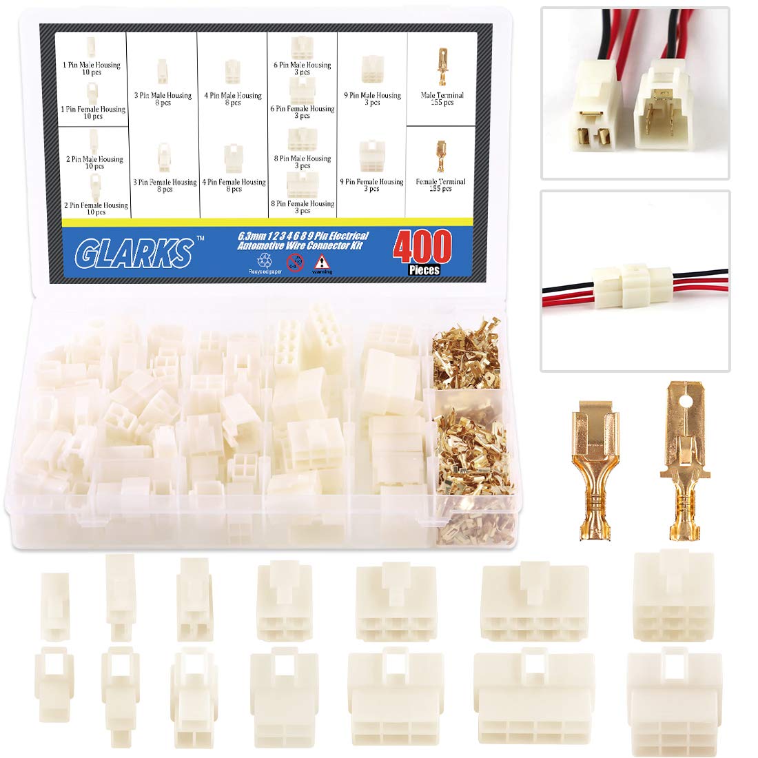 Glarks 400Pcs 6.3mm 1 2 3 4 6 8 9 Pin Electrical Automotive Wire Connector Male Female Socket Plug and Pin Header Crimp Wire Ter