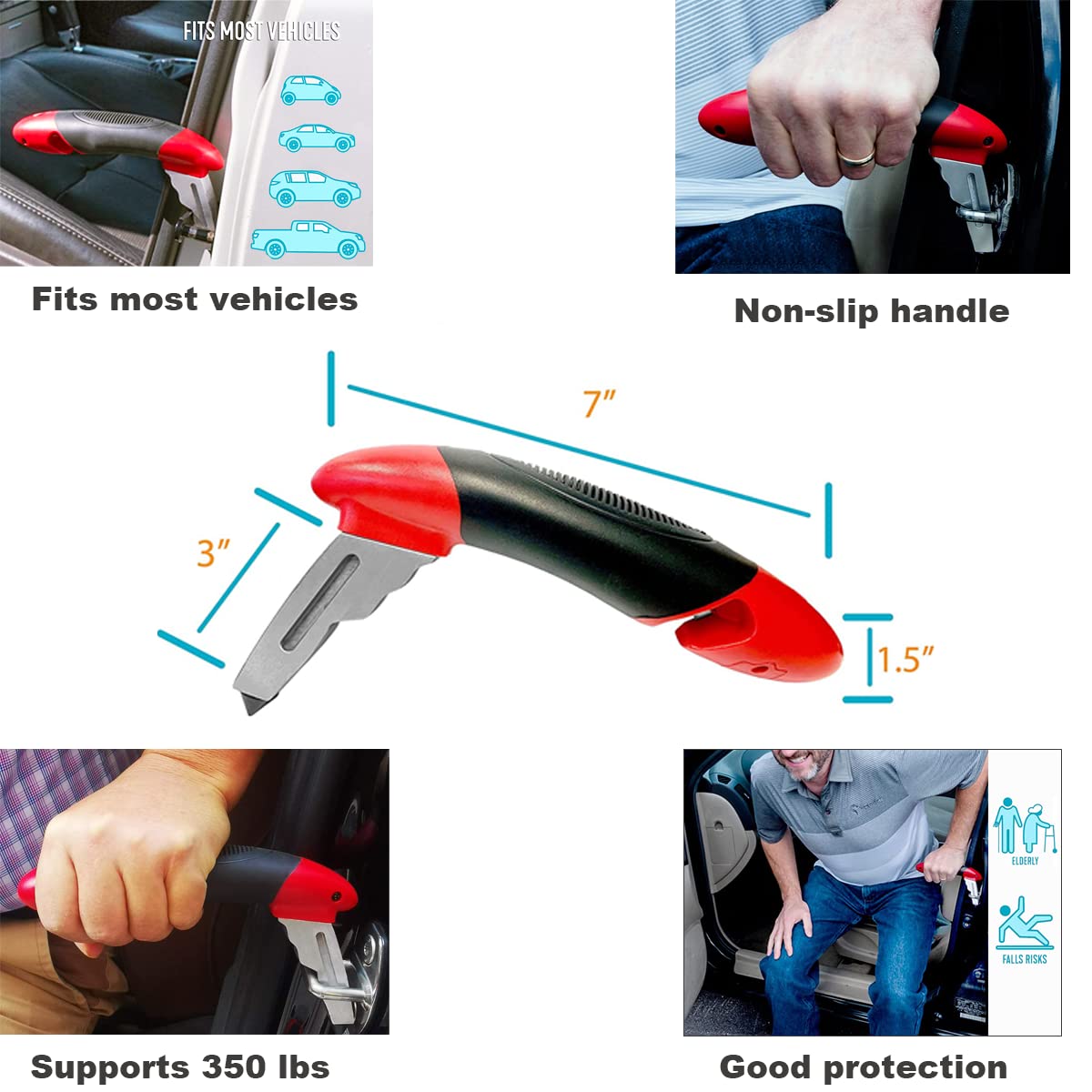 Kakkoii Car Handle Assist Holder, 5 In 1 Vehicle Support Handles, Seatbelt Cutter, Window Breaker, Car Emergency Tool With Led Flashlight For Elderly, Disabled