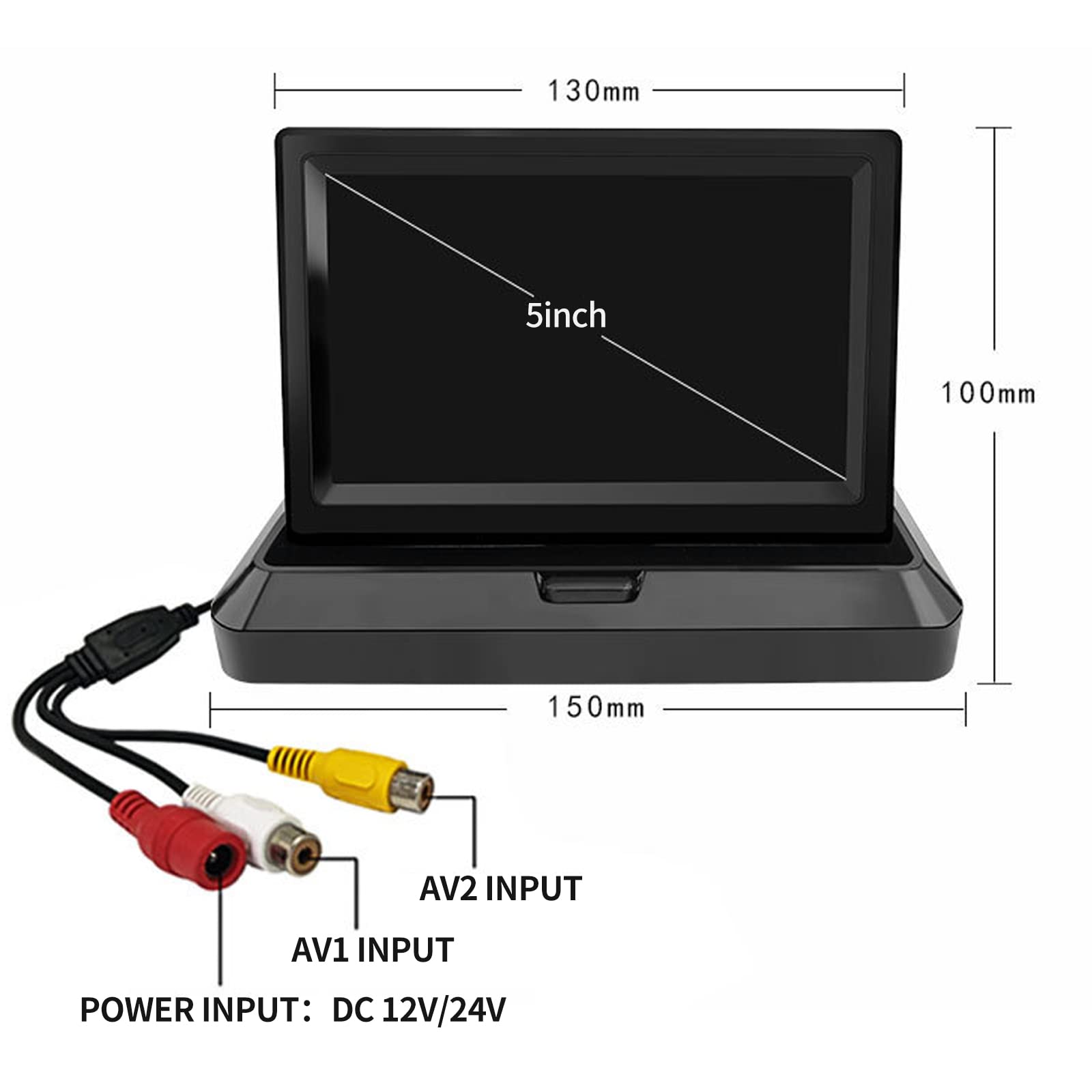 5 Inch Foldable Tft Lcd Backup Camera Monitor Only Rear View Reverse Display Screen, V1/V2 Two Video Input, 12V/24V Vehicle Back