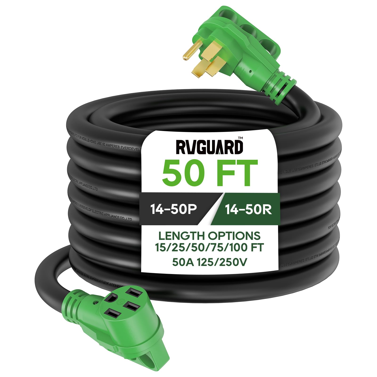 Rvguard 50 Amp 50 Foot Rv/Ev Extension Cord, Nema 14-50P/R Heavy Duty Extension Cord With Led Power Indicator And Cord Organizer