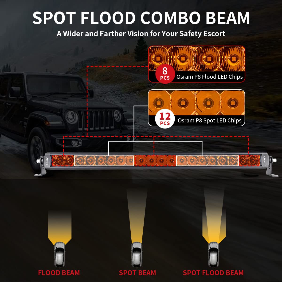 Lasfit 22 Inch Amber Light Bar, Spot Flood Combo Beam, Single Row Yellow Led Bar For Off Road Driving Light, Ip67 Waterproof For