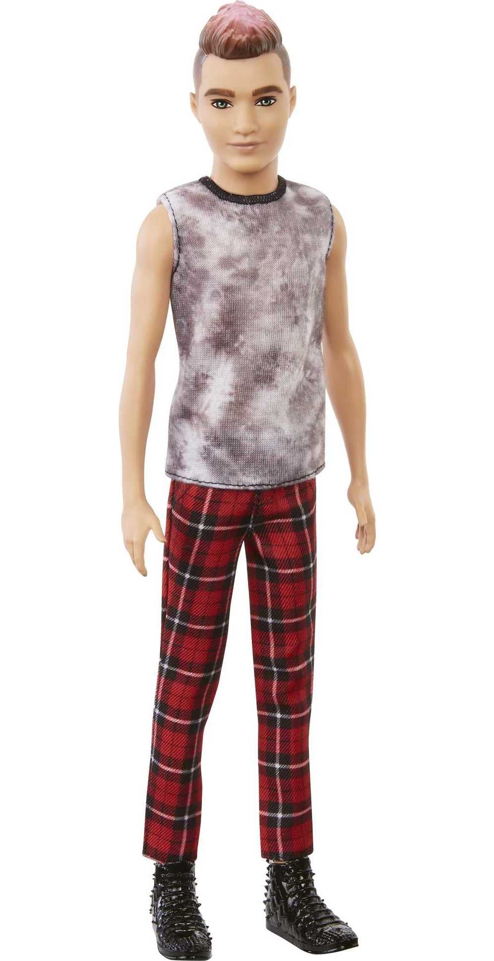 Barbie Ken Fashionistas Doll #176 With Sculpted Brunette Ombre-Tipped Hair Wearing A Sleeveless Tie-Dye Shirt, Red Plaid Pants &