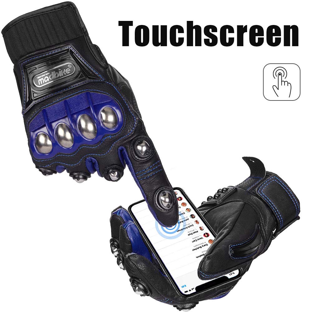 Ilm Alloy Steel Leather Hard Knuckle Touchscreen Motorcycle Bicycle Motorbike Powersports Racing Gloves (Xl, (Leather) Blue) Mod