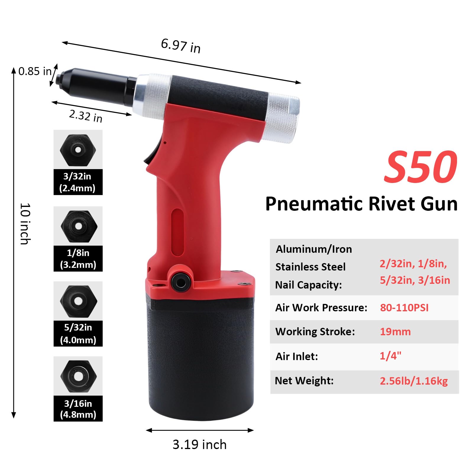 Shiningeyes Heavy Duty Air/Hydraulic Rivet Gun Professional Riveting Tool 1/4'' Air Power Tool No Self Suction Style