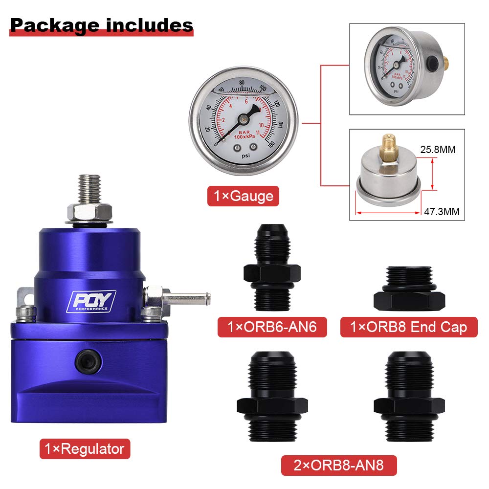 Pqy Fuel Pressure Regulator An8 Feed & An6 Return Line + 0-160Psi Gauge Set Blue
