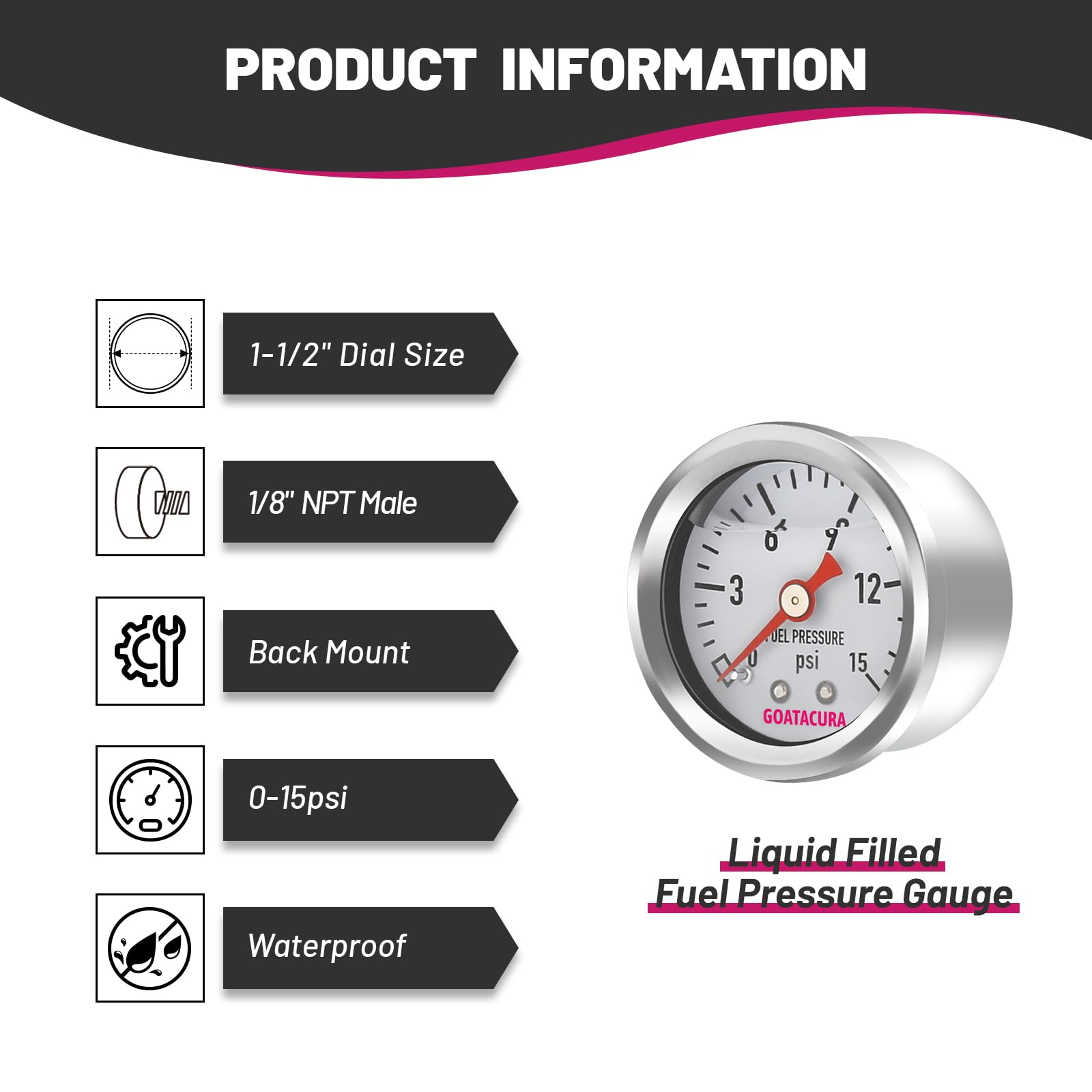 Goatacura 0-15Psi Glycerin Filled Fuel Pressure Gauge, 1-1/2'' Dial Size, 304 Stainless Steel Case, 1/8'' Npt Center Back Mount,