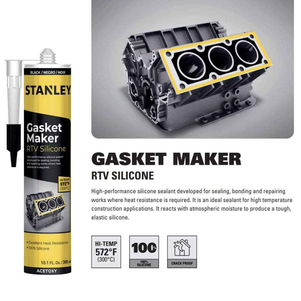 Stanley High-Temp Rtv Silicone Gasket Maker - 2X10.1 Fl.Oz Black, Oil, Vibration And Heat Resistant Black Silicone Sealant For A