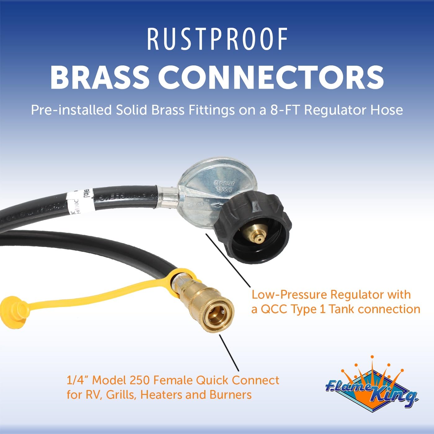 Flame King 90 Degree Low-Pressure Propane Gas Regulator Hose With Quick Connect For Rvs, Grills, Heaters, Burners, 8 Feet - Lprh8