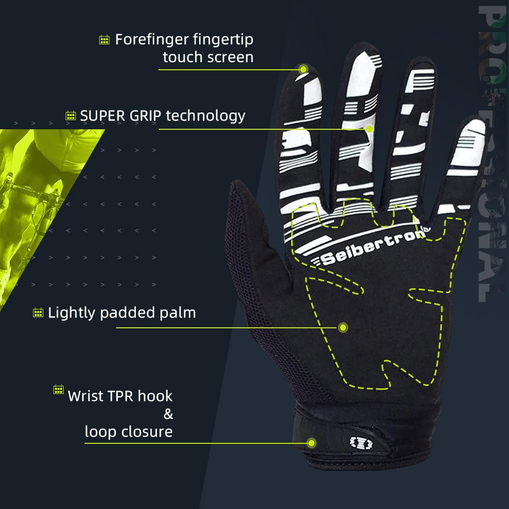 Seibertron Dirtpaw Full Finger Gloves for BMX/MX, Size M, Black, Spandex Material, Touch Recognition, Adult Size
