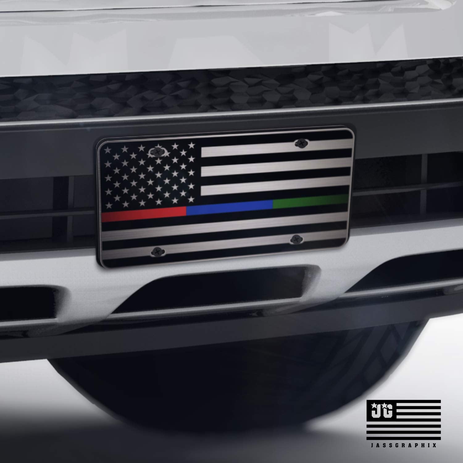 Jass Graphix Thin Blue Line Thin Red Line Thin Green Line American Flag License Plate Matte Black On 1/8'' Brushed Aluminum Comp