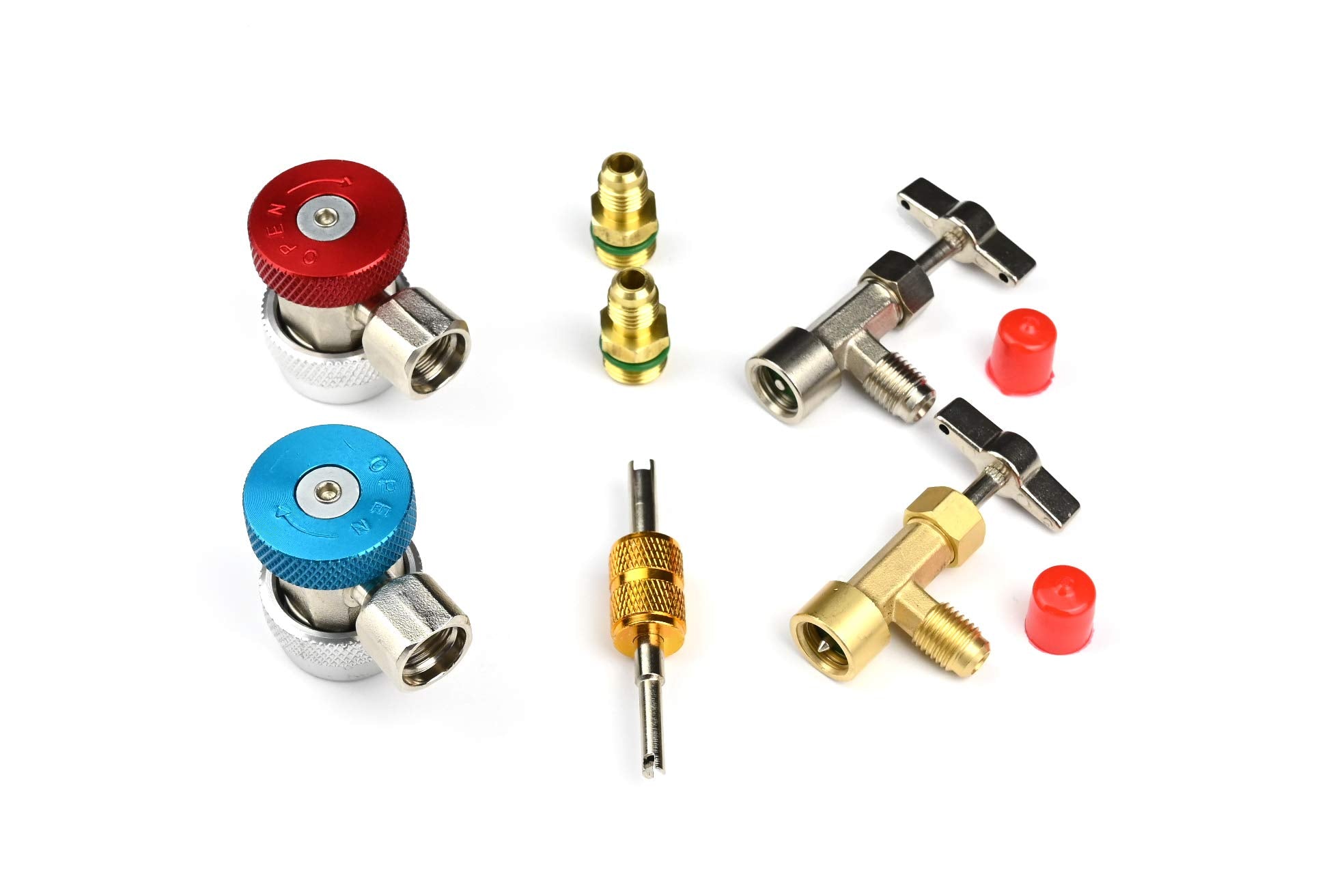 Lu-Hawk R134a Adapter Fitting Kit with Self Sealing and Single-Use Can Tap Valves and Valve Core Removal Tool.