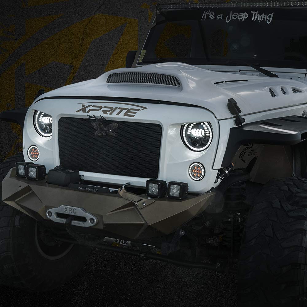 Xprite Smoked Lens Turn Signals Lights With Drl Halo, Led Front Grill Indicator Parking Lights Compatible With 2007-2018 Jeep Wr