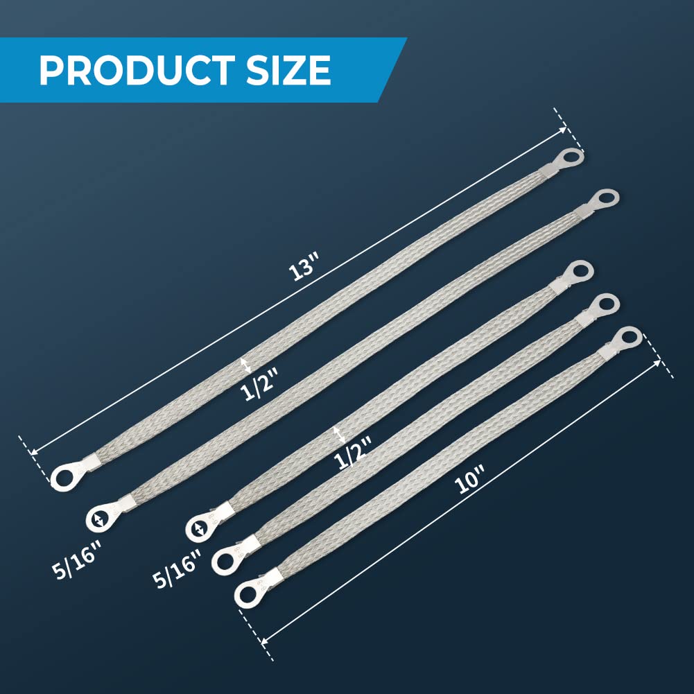 Universal Automotive Ground Strap, Alpha Rider 3Pcs 10''X 1/2'' & 2Pcs 13'' X 1/2'' Professional Vehicle Grounding Cable Straps,
